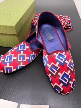 Gucci men’s sz 15 Silk Red Blue Geometric Slip-On Flats